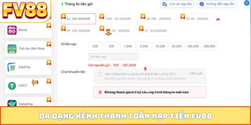 Đa dạng kênh thanh toán nạp tiền FV88